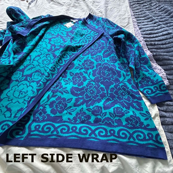 JACKET, BLANKET SWEATER, ROYAL BLUE/TEAL, SZ 3X, GRAPHIC FLORAL, COTTON RAYON - Picture 7 of 15